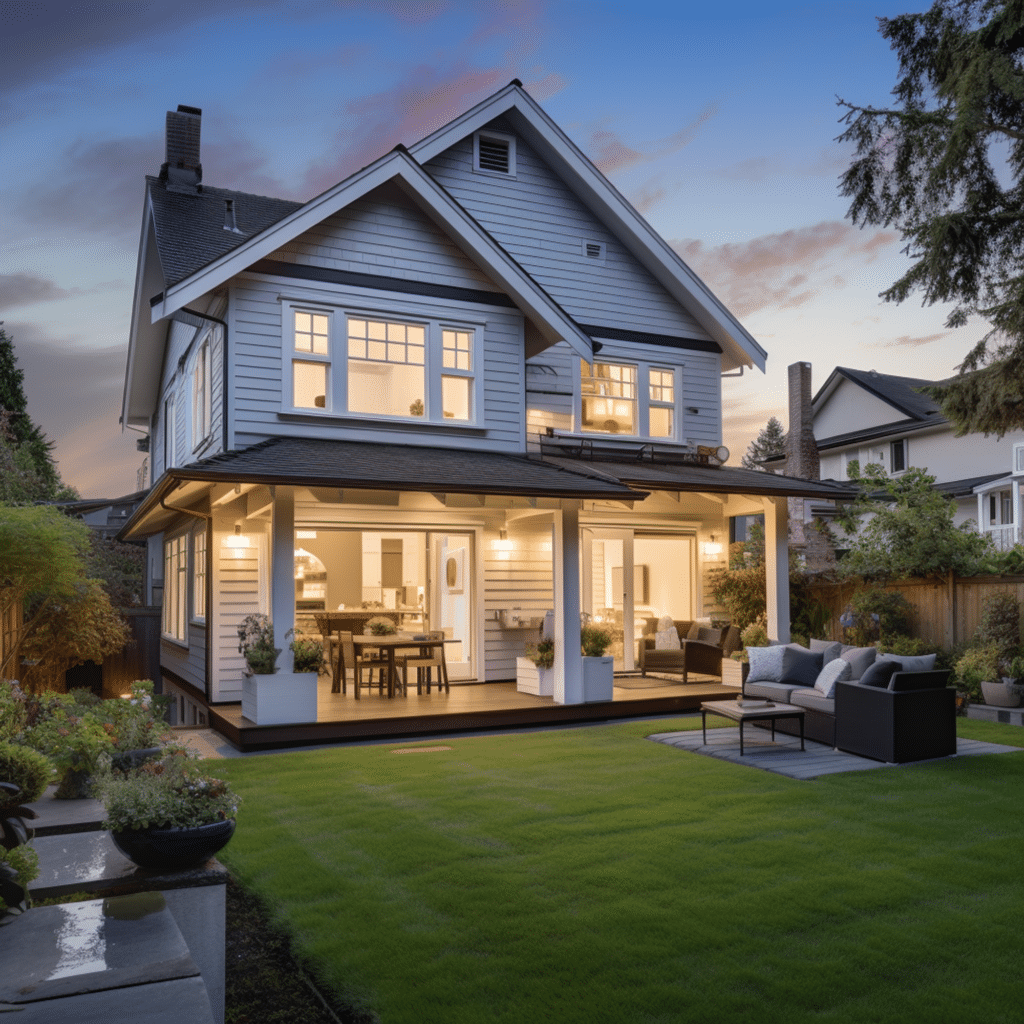 The back of a detached house. The lights are on.