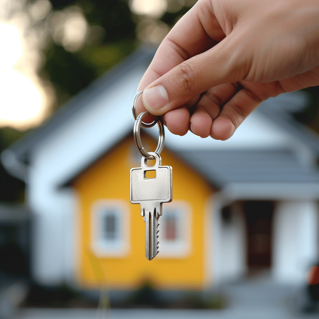 A key in focus infront of a house.